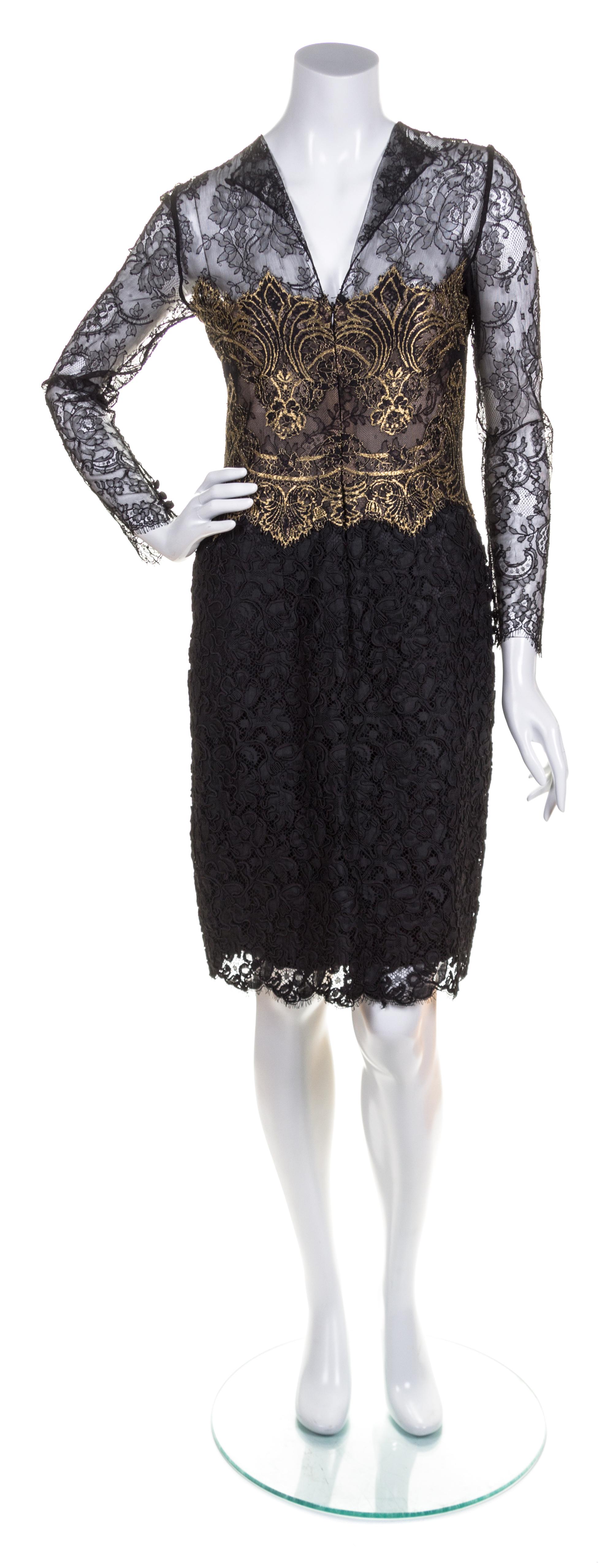 A Bill Blass Black and Gold Lace Dress, Size 10.