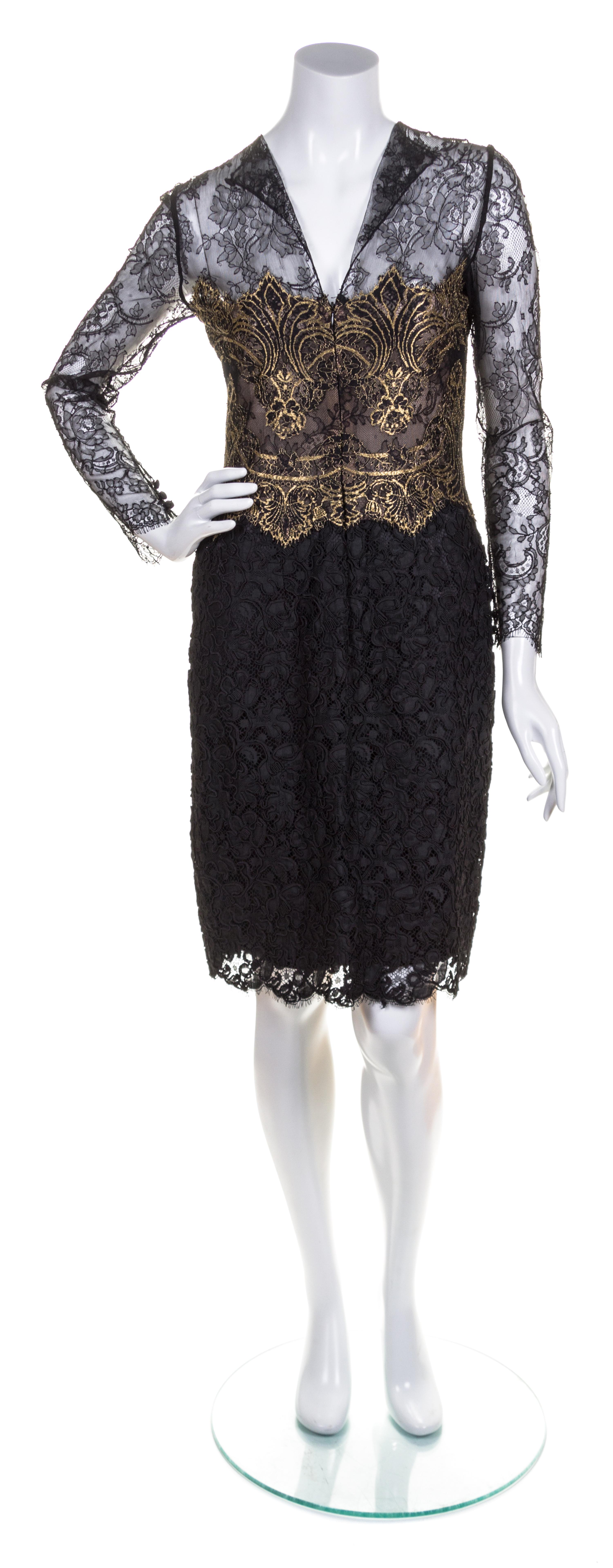 A Bill Blass Black and Gold Lace Dress, Size 10.