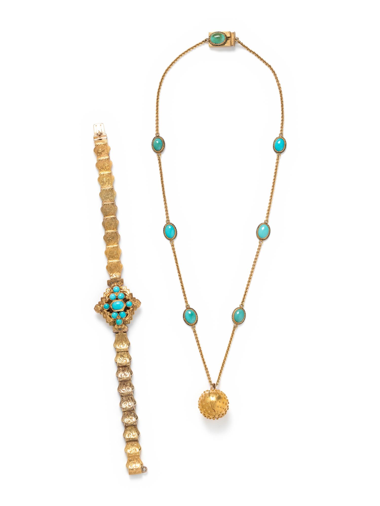 ANTIQUE, COLLECTION OF YELLOW GOLD AND TURQUOISE JEWELRY
