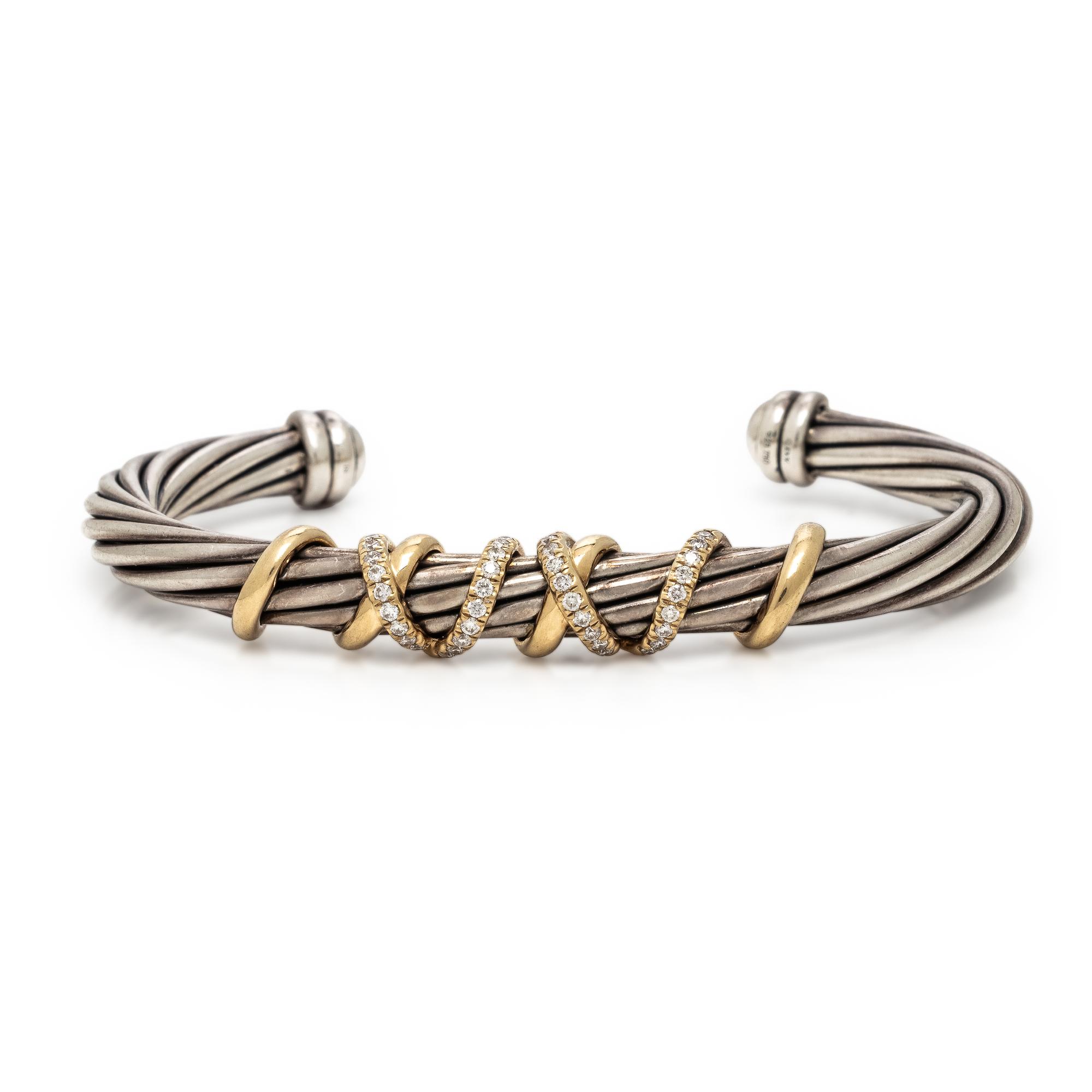 David Yurman, 'Helena,' Sterling Silver, Yellow Gold, and Diamond Cable Cuff Bracelet
