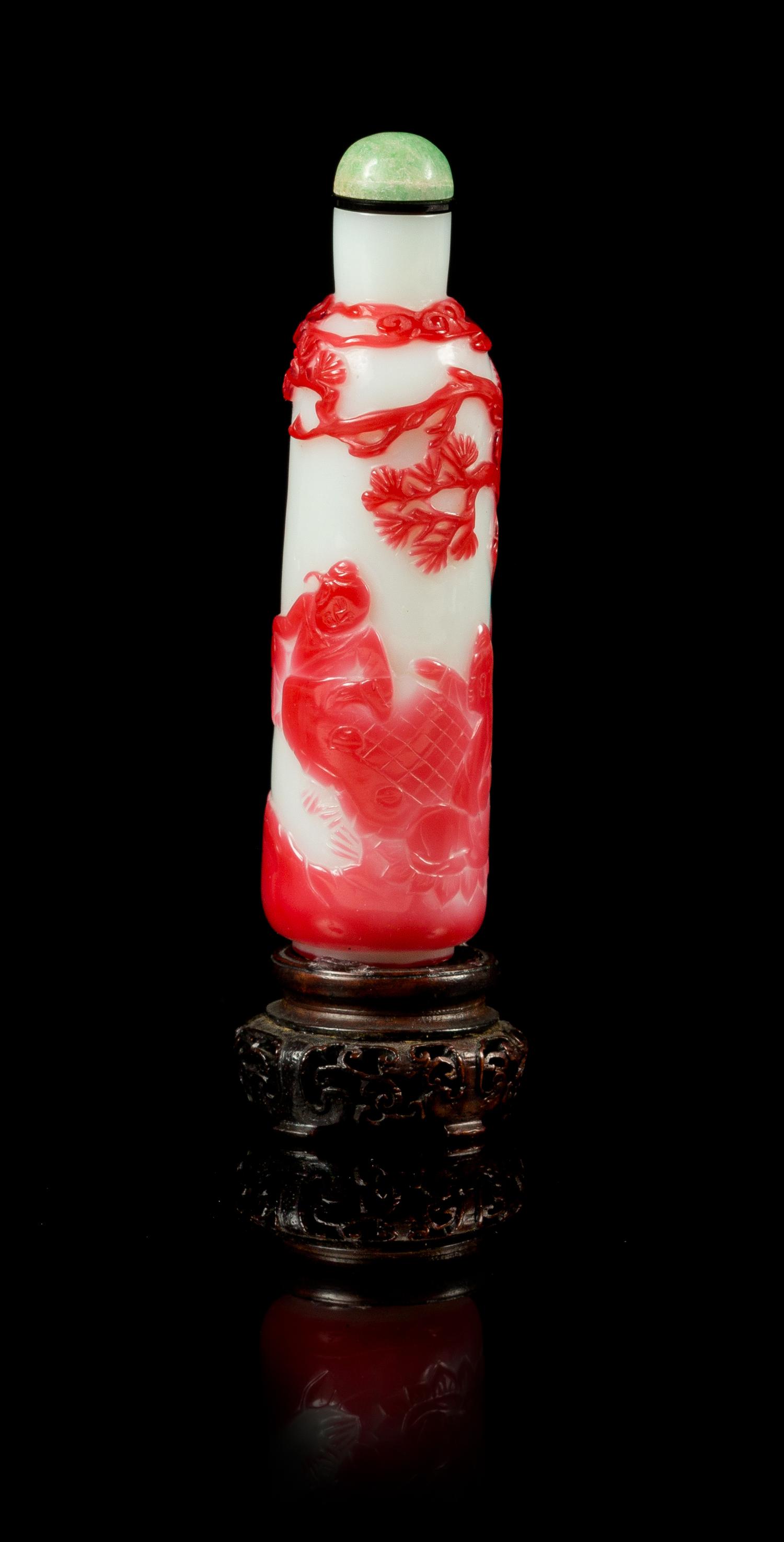 A Red Overlay White Glass Snuff Bottle Height 4 inches.