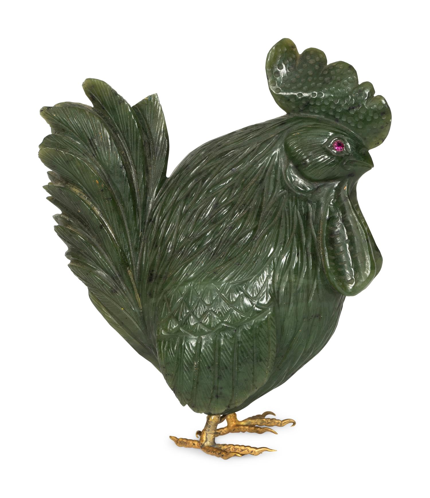 A Carved Spinach Jade and Jewel-Mounted Model of a Rooster