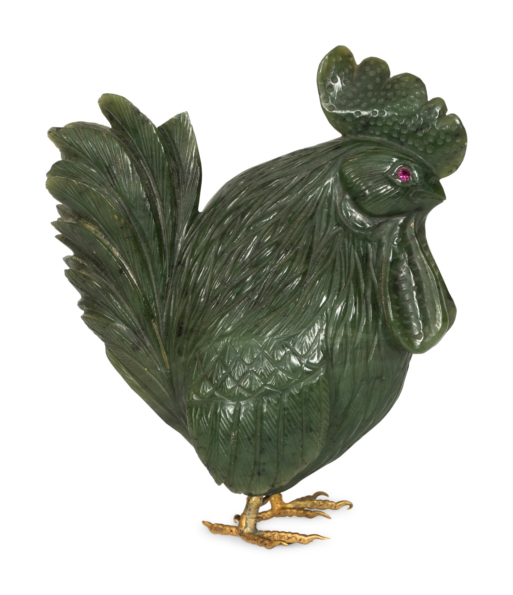 A Carved Spinach Jade and Jewel-Mounted Model of a Rooster