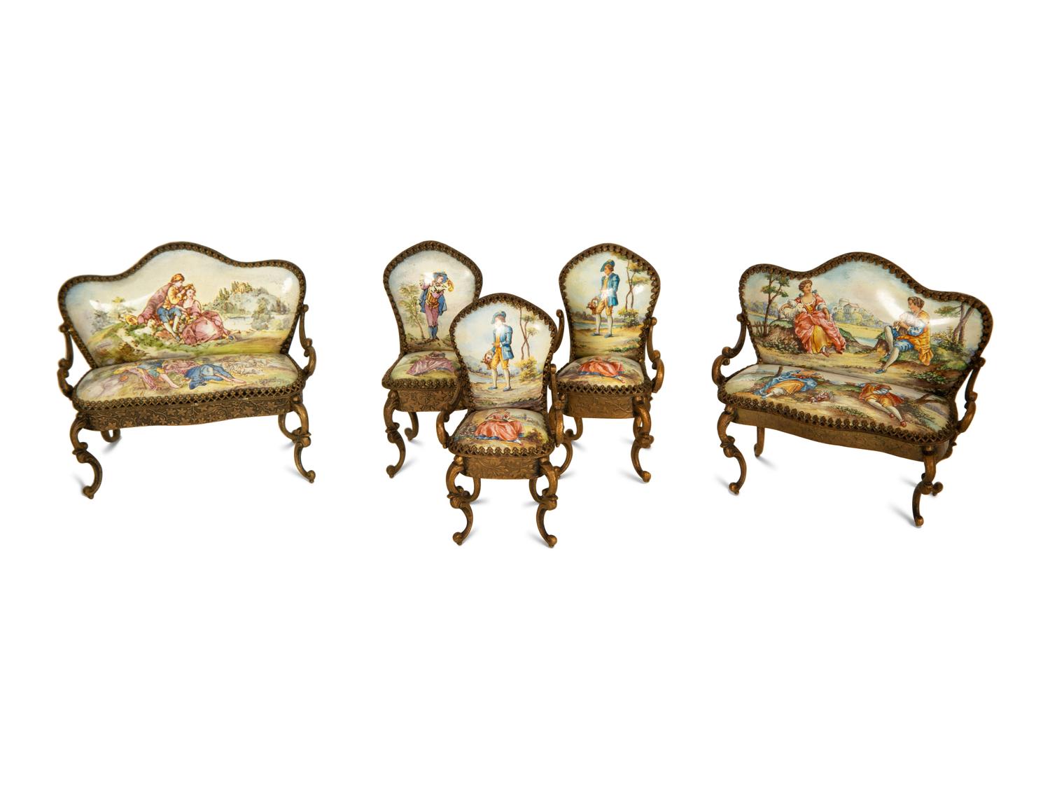 Seven Viennese Enamel Miniature Furniture Pieces — 19th Century