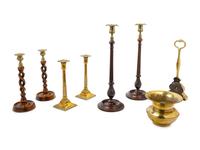 Three Pairs of English Candlesticks and a Brass Spittoon