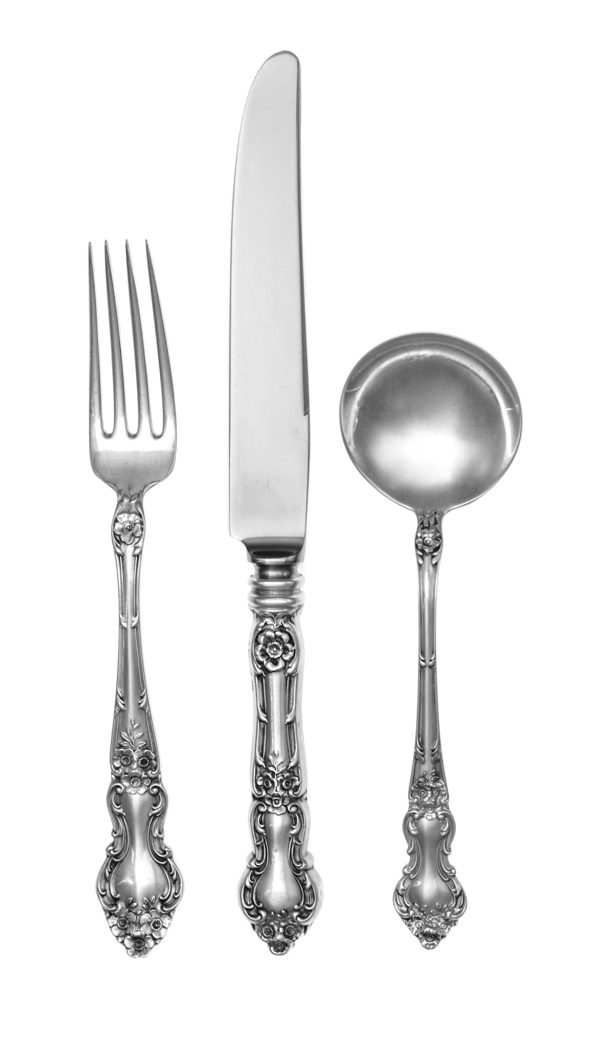 An American Silver Flatware Service, Watson Company, Attleboro, MA, Meadow Rose pattern, comprising: 12 luncheon knives 12 luncheon for