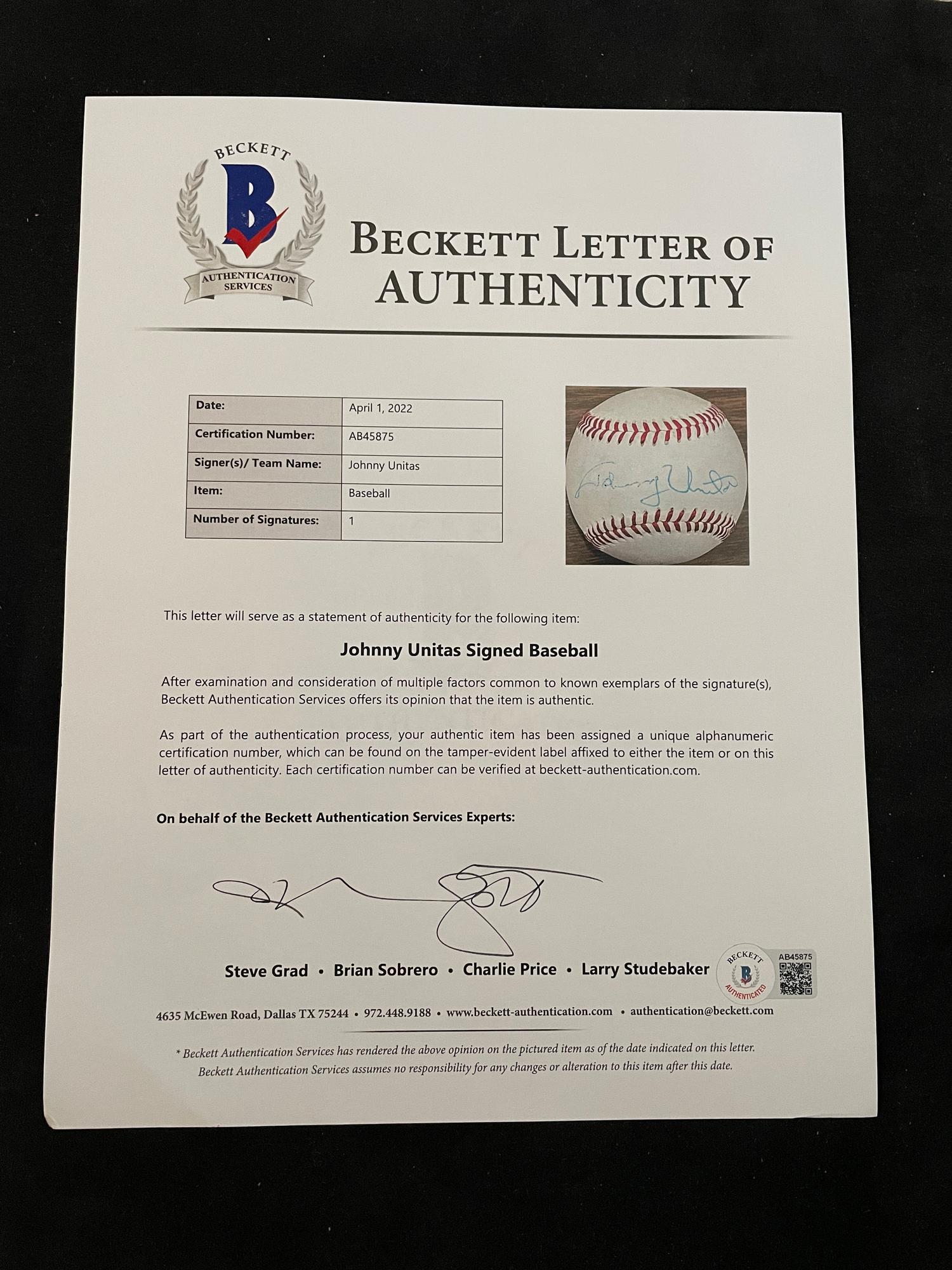 A Johnny Unitas Signed Autograph Baseball (Beckett Authentication Services Letter BAS Certified)