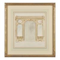 Attributed to Eugène Dienst (French, 19th Century), A Group of Six Hand-Drawn and Painted Studies of French Interiors