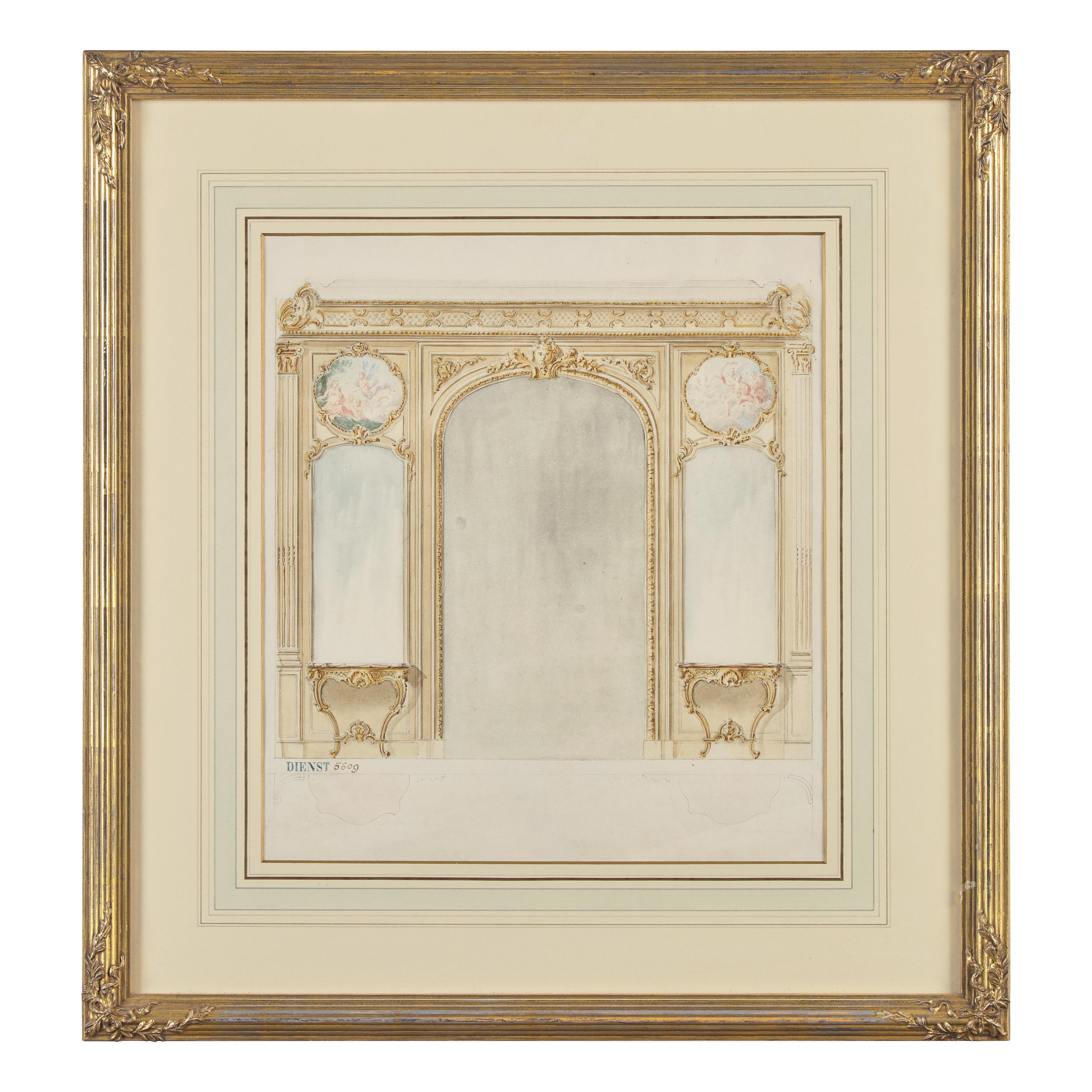 Attributed to Eugène Dienst (French, 19th Century), A Group of Six Hand-Drawn and Painted Studies of French Interiors