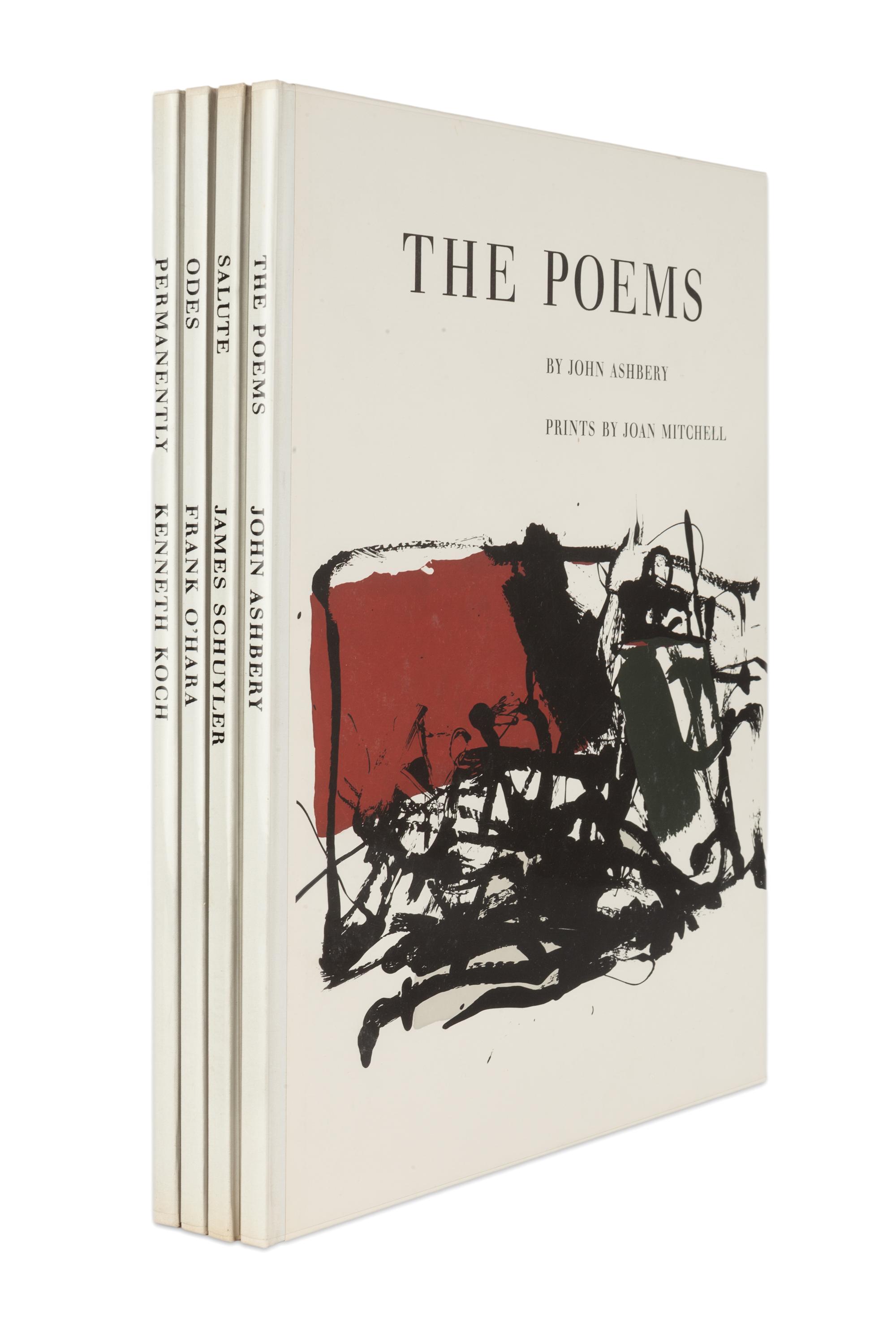 [ARTIST'S BOOK] -- [TIBER PRESS - ABSTRACT EXPRESSIONISM]. ASHBERY, John. The Poems . Prints by Joan MITCHELL. -- KOCH, Kenneth. Permanently. Prints by Alfred LESLIE. [with:] O'HARA, Frank. Odes. Prints by Michael GOLDBERG. -- SCHUYLER, James. Salute. Prints by Grace HARTIGAN. New York: Tiber Press, [1960].