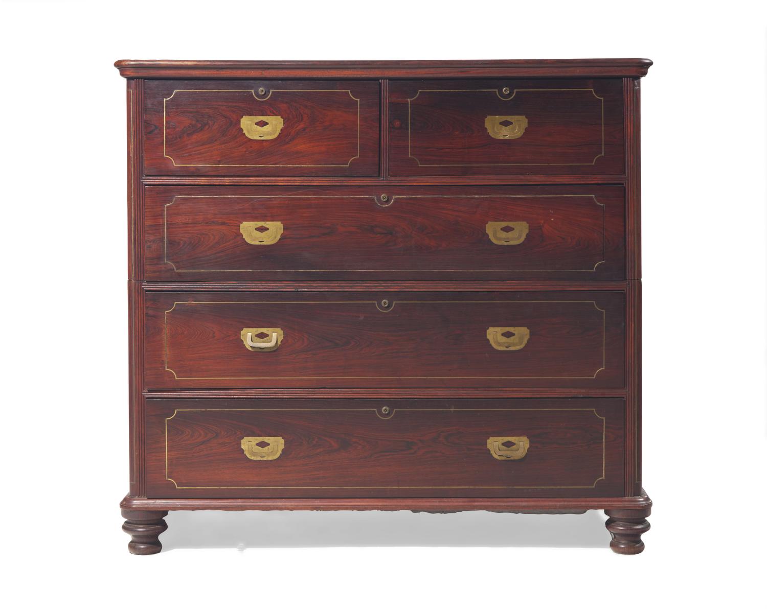An English brass-inlaid rosewood campaign chest, 19th century