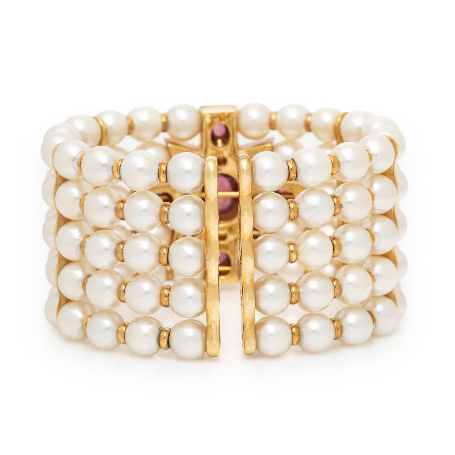 CULTURED PEARL, PINK TOURMALINE, AND DIAMOND MALTESE CROSS CUFF BRACELET