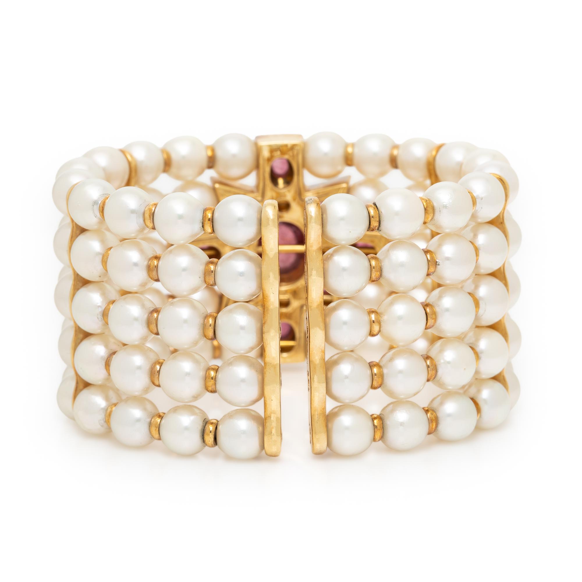 CULTURED PEARL, PINK TOURMALINE, AND DIAMOND MALTESE CROSS CUFF BRACELET