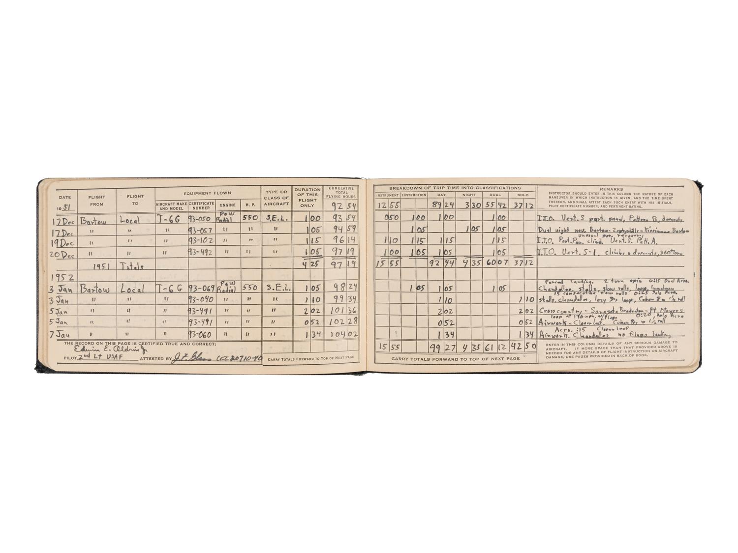 ALDRIN, Edwin E. "Buzz" (b. 1930). Pilot flight record and log book. Florida, Texas, and Nevada,1951-52.