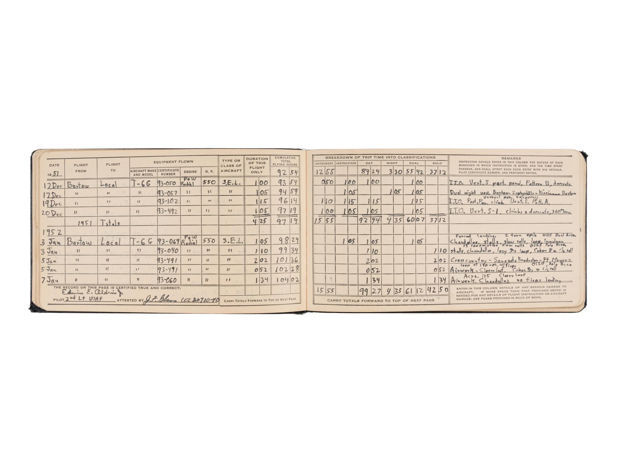 ALDRIN, Edwin E. "Buzz" (b. 1930). Pilot flight record and log book. Florida, Texas, and Nevada,1951-52.