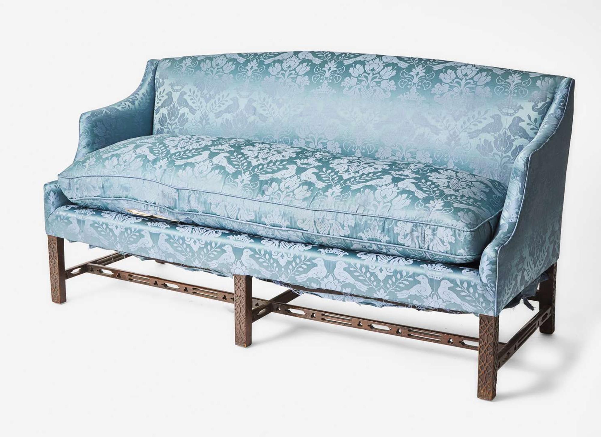 A George III box-form mahogany sofa with blue silk damask upholstery, second half 18th century