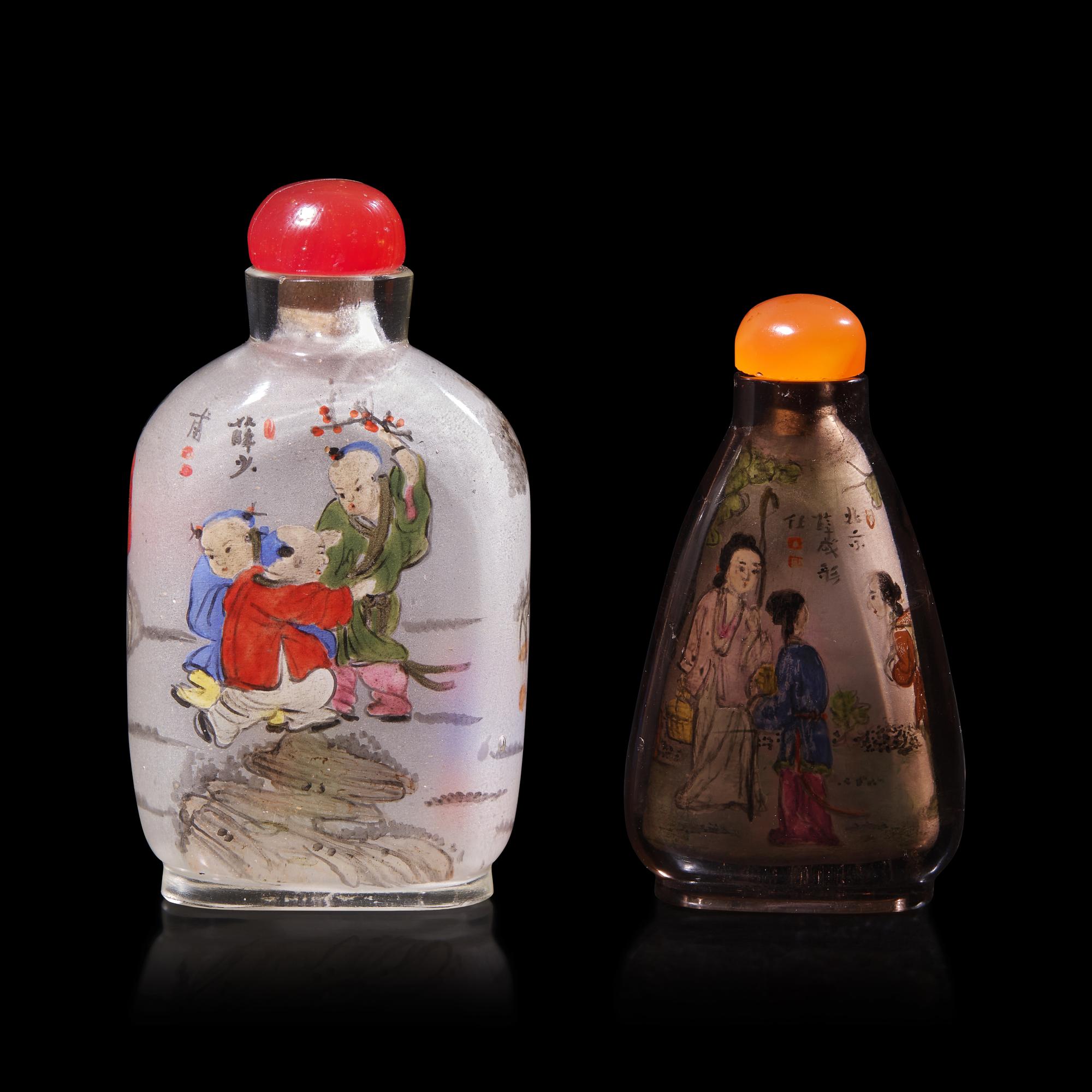 Two Inside Painted Snuff Bottles 玻璃 內畫人物圖鼻煙壺兩支