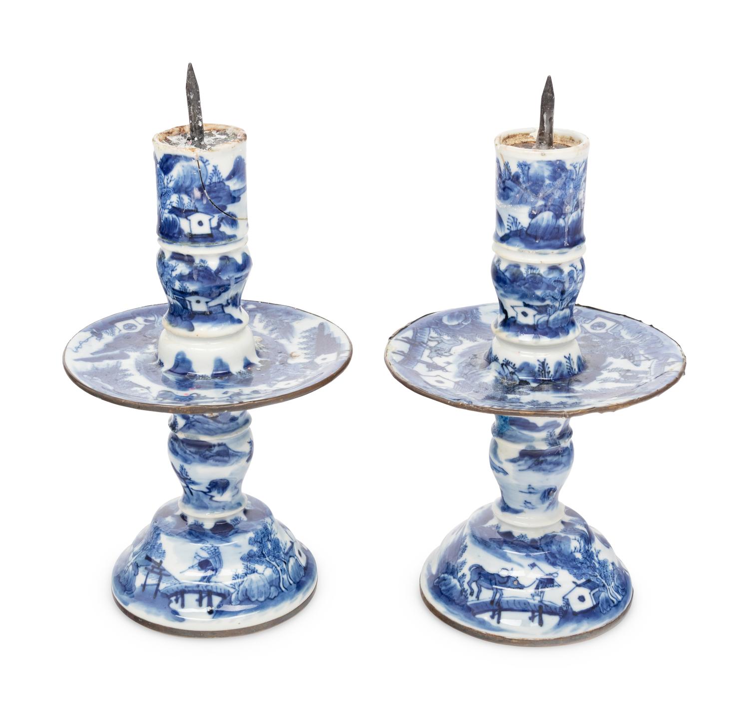 A Pair of Chinese Blue and White Porcelain Candlesticks