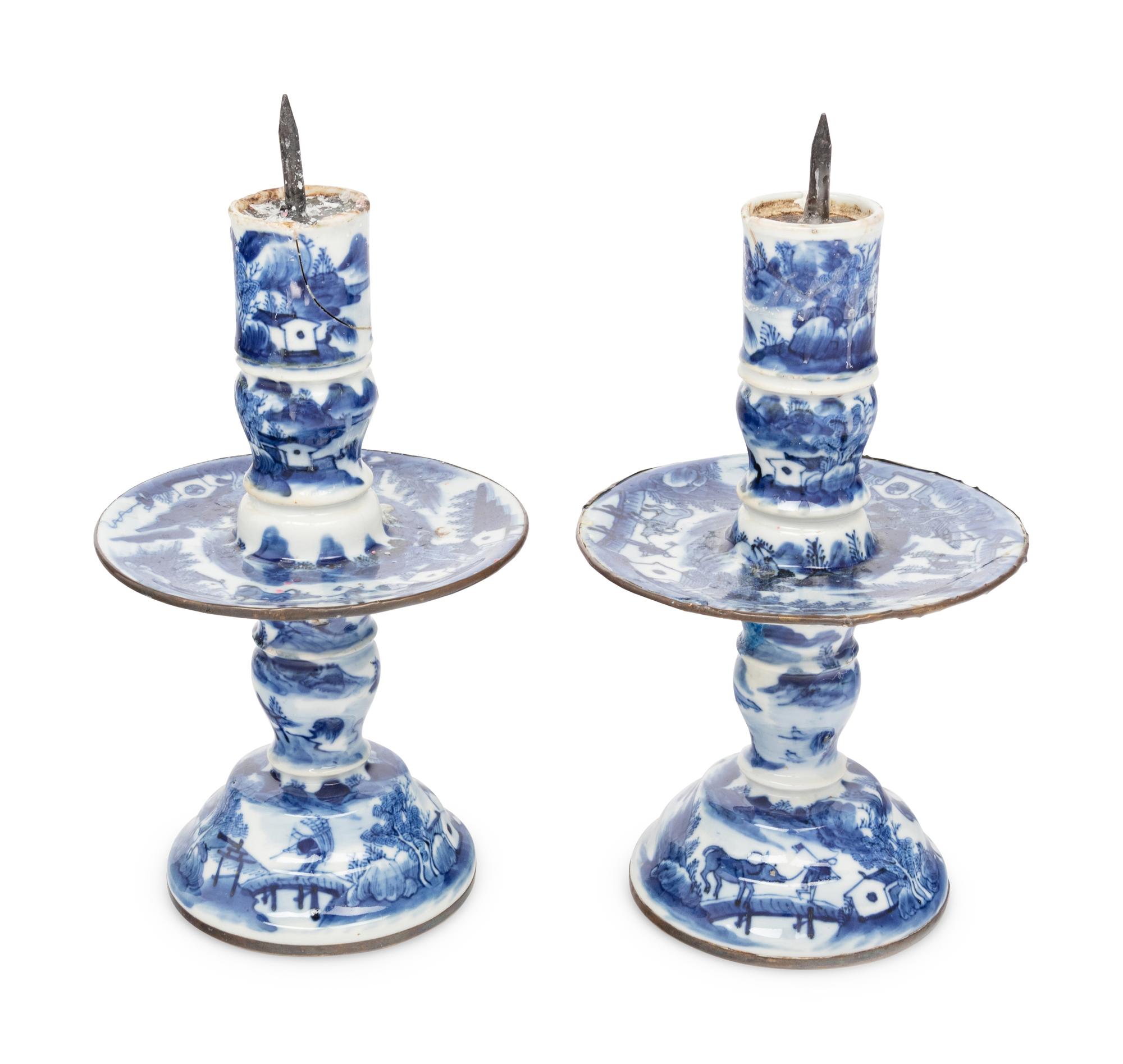 A Pair of Chinese Blue and White Porcelain Candlesticks