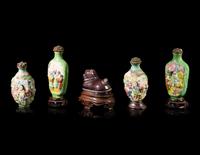 Four Chinese Famille Rose Porcelain Snuff Bottles and A Aubergine Glazed Porcelain Dog-Form Paper Weight