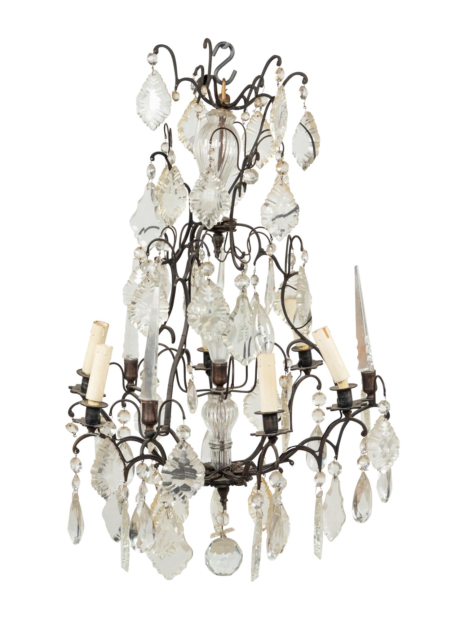 A French Cast Metal and Cut Glass Six-Light Chandelier