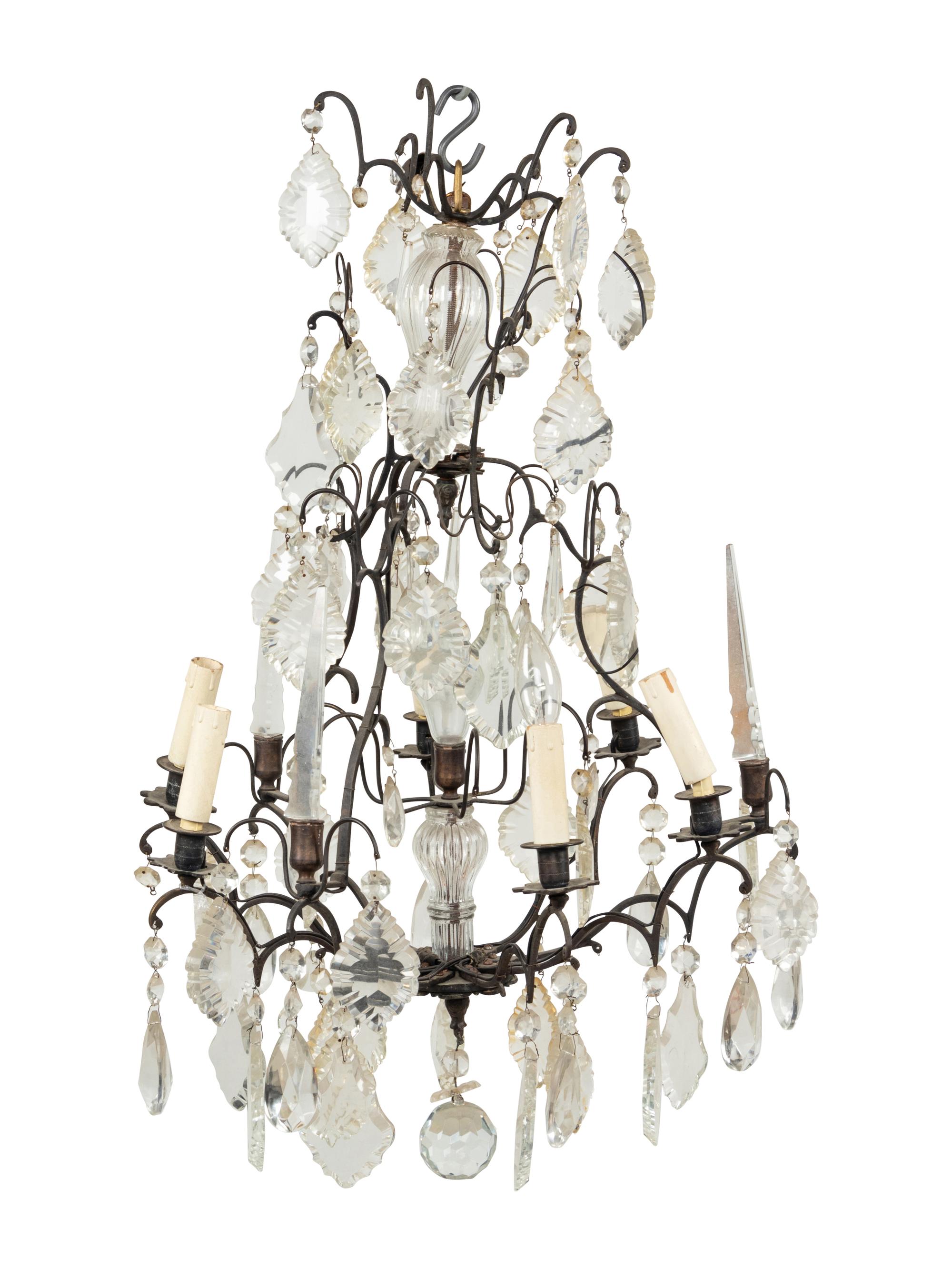A French Cast Metal and Cut Glass Six-Light Chandelier