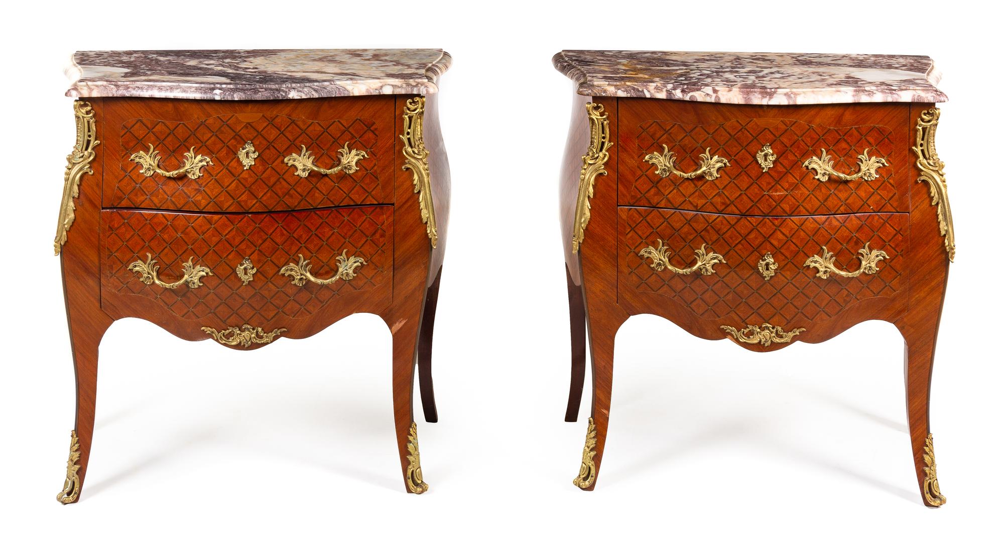A Pair of Louis XV Style Gilt Bronze Mounted Parquetry Commodes Height 33 1/2 x width 33 1/4 x depth 16 1/2 inches. — LATE 19TH CENTURY