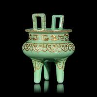 A Chinese Gilt Highlighted Green Glazed Porcelain Ding -Form Censer, Qing Dynasty 清 綠地金彩凸雕仿古鼎式爐