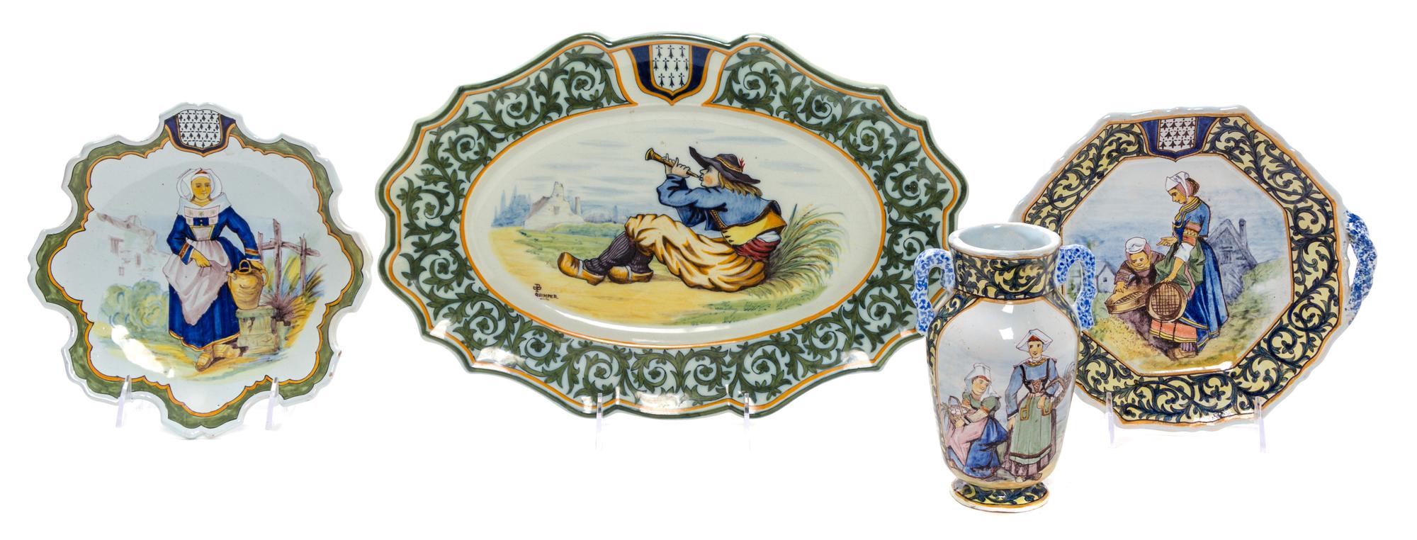 A Group of Four Quimper Pottery Table Articles Longest plate 14 1/2 inches.