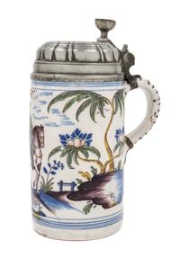 A Delft Pewter Mounted Polychrome Tankard Height 10 inches. — 18TH CENTURY