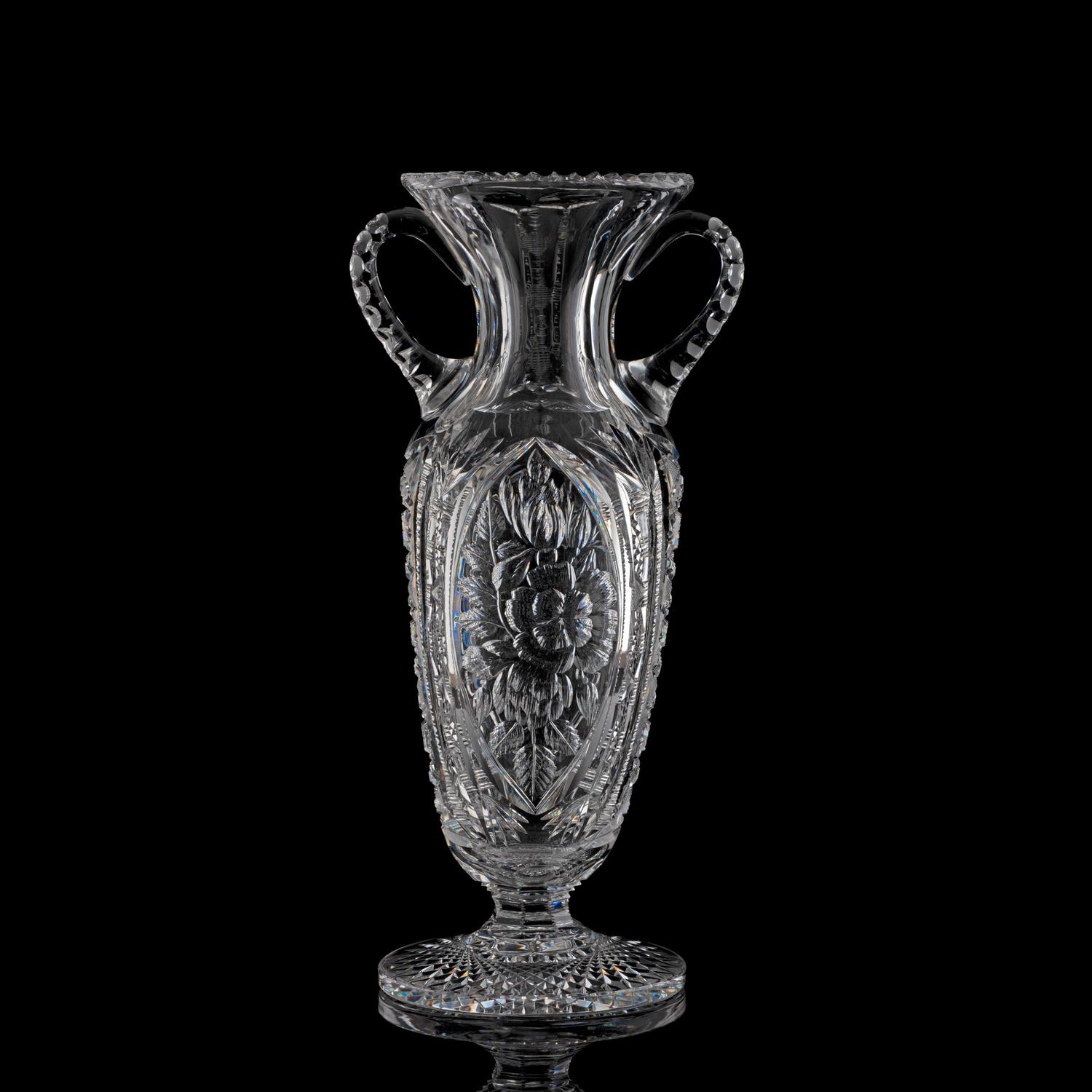 A Pairpoint Brilliant-Period Intaglio-Cut Glass Double Handle Vase in Jacqueminot Pattern