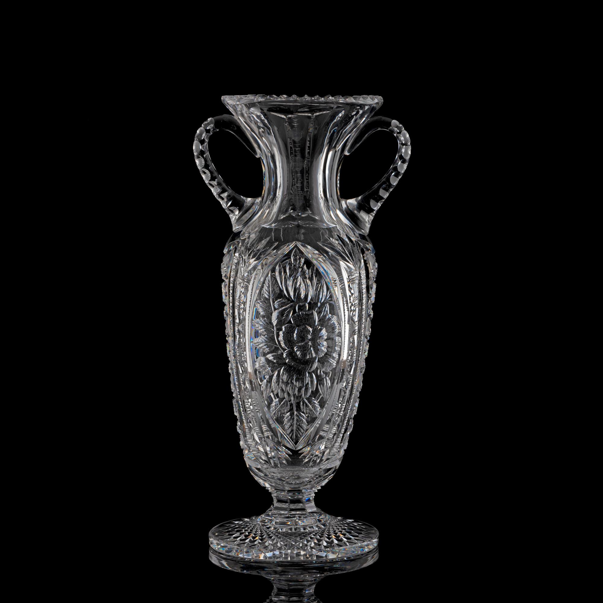 A Pairpoint Brilliant-Period Intaglio-Cut Glass Double Handle Vase in Jacqueminot Pattern