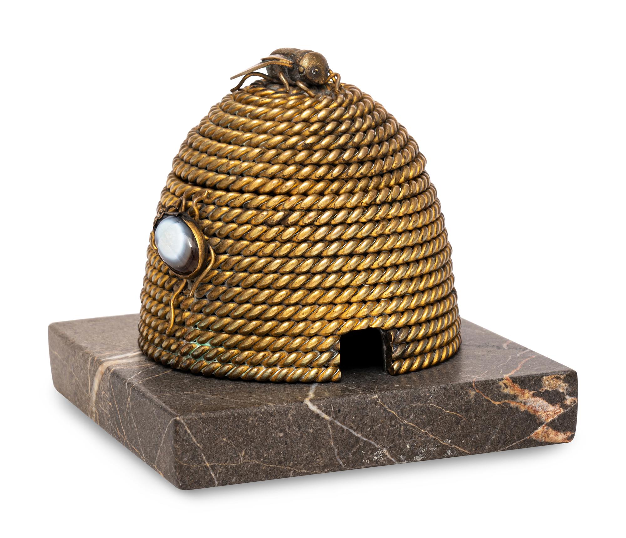 A Gilt Bronze and Hardstone Beehive Inkwell