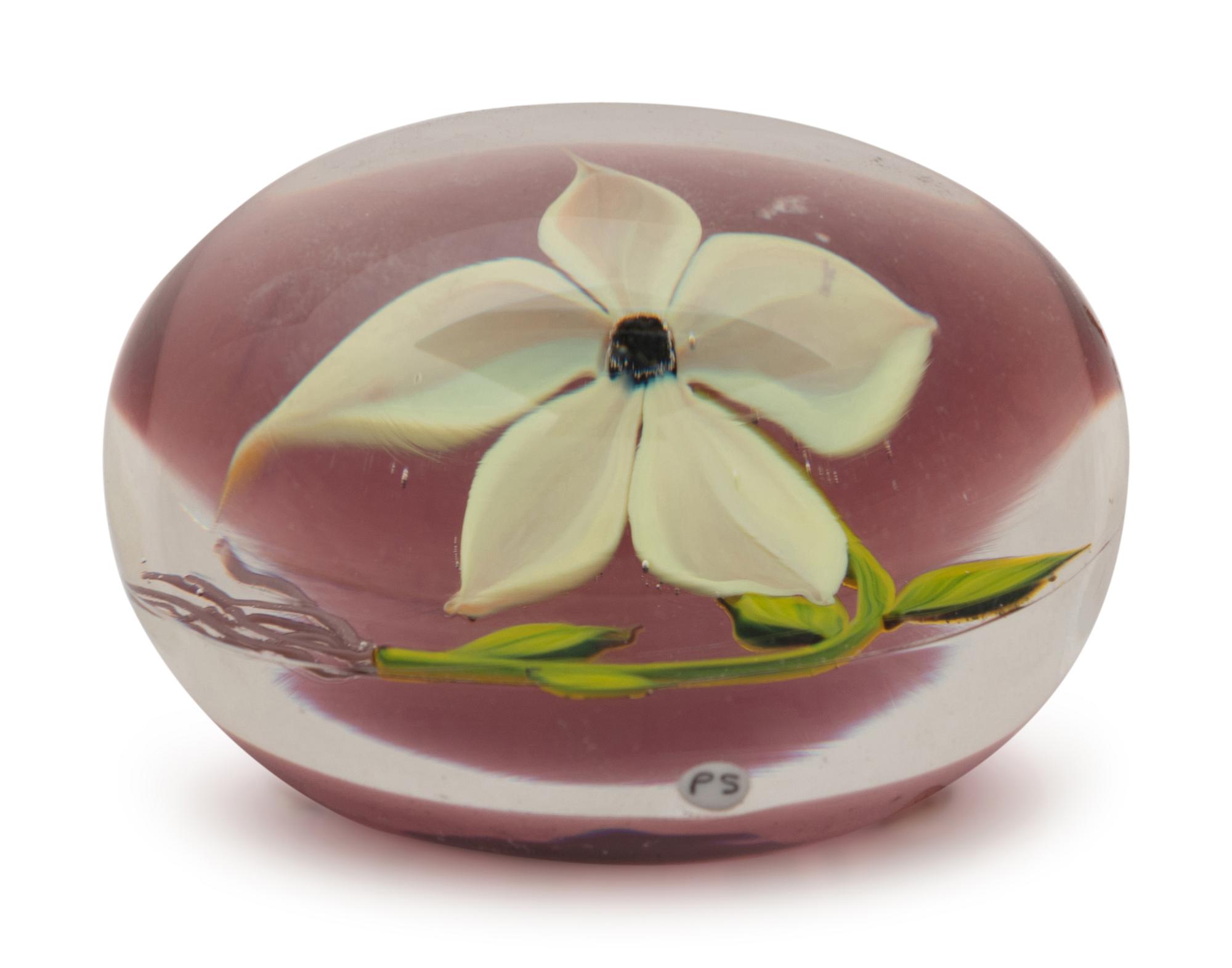 A Paul Stankard White Lily on Amethyst Ground Glass Paperweight