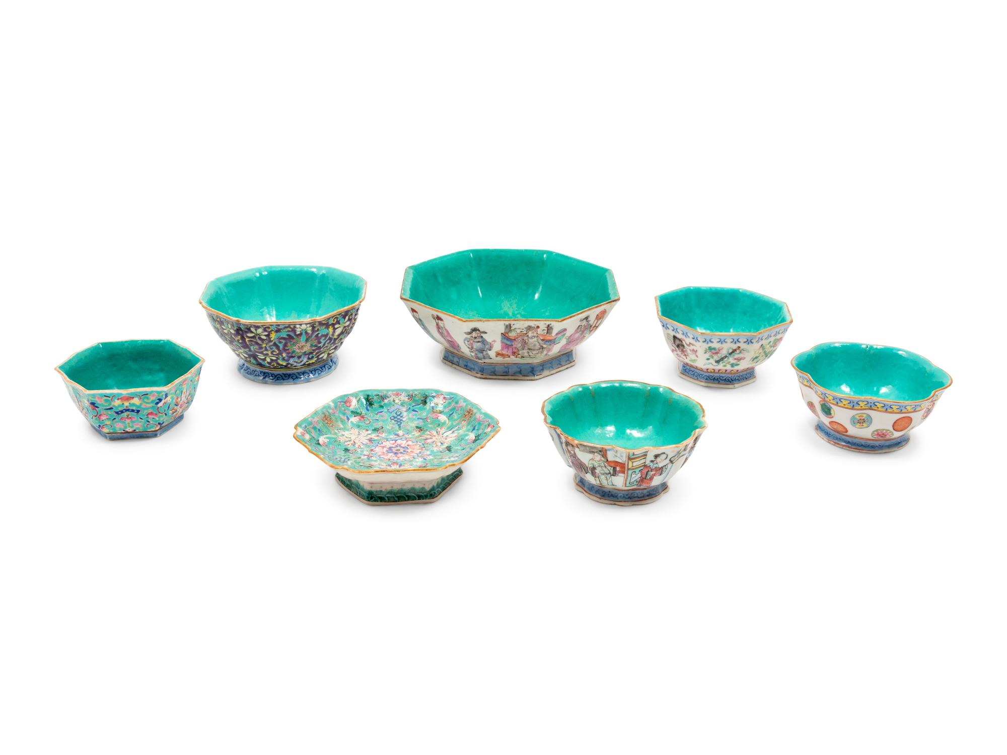 Seven Chinese Famille Rose Turquoise Ground Flori-Form Stem Bowl