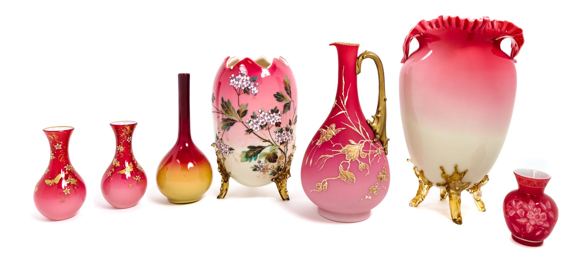 Seven Peachblow Glass Vases Height of tallest 12 1/2 inches — 19TH CENTURY