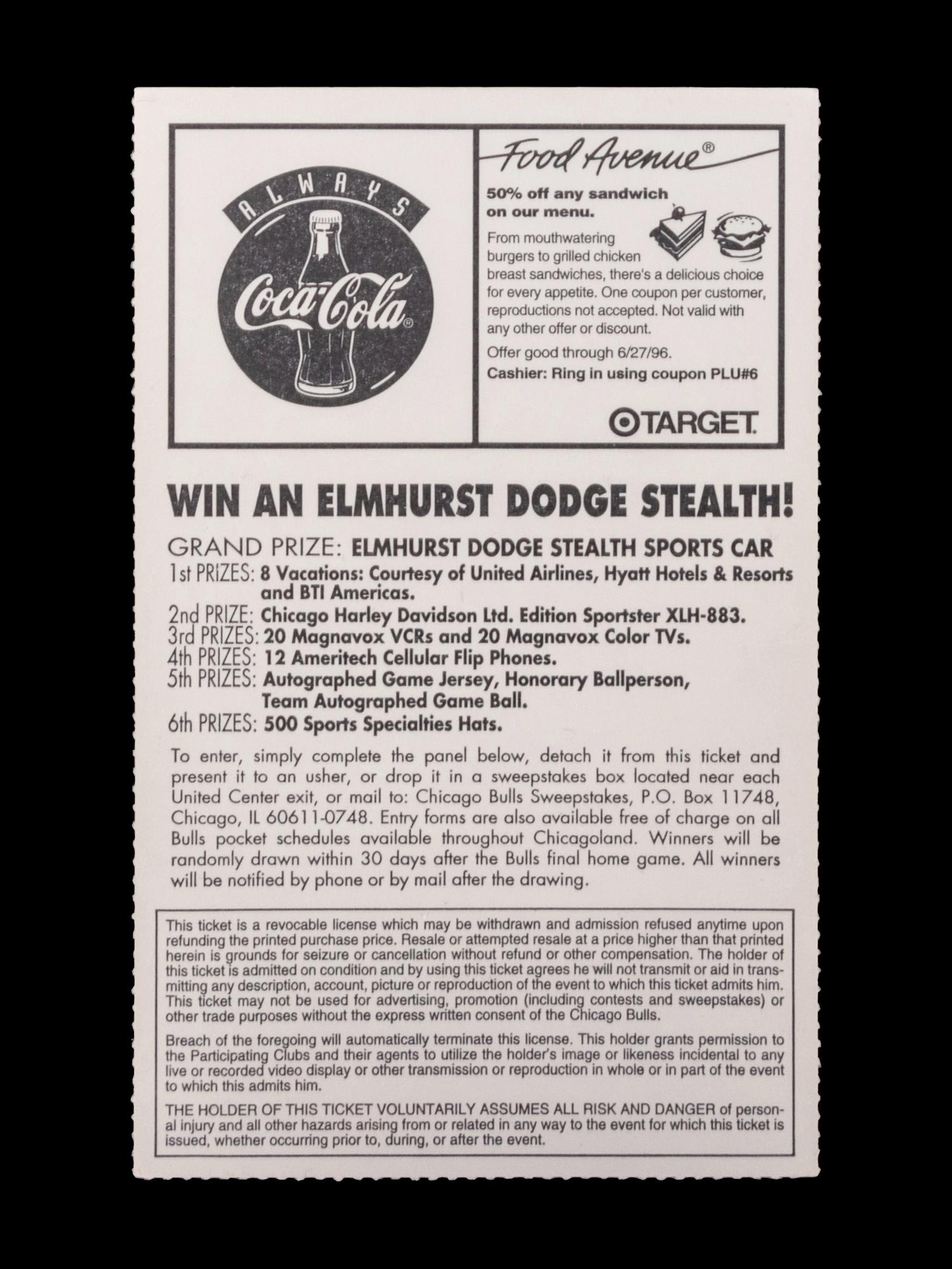 A 1996 Chicago Bulls vs. Seattle SuperSonics NBA Finals Game 6 Ticket Stub (Chicago Bulls and Michael Jordan's Fourth NBA Championship, Father's Day Game)