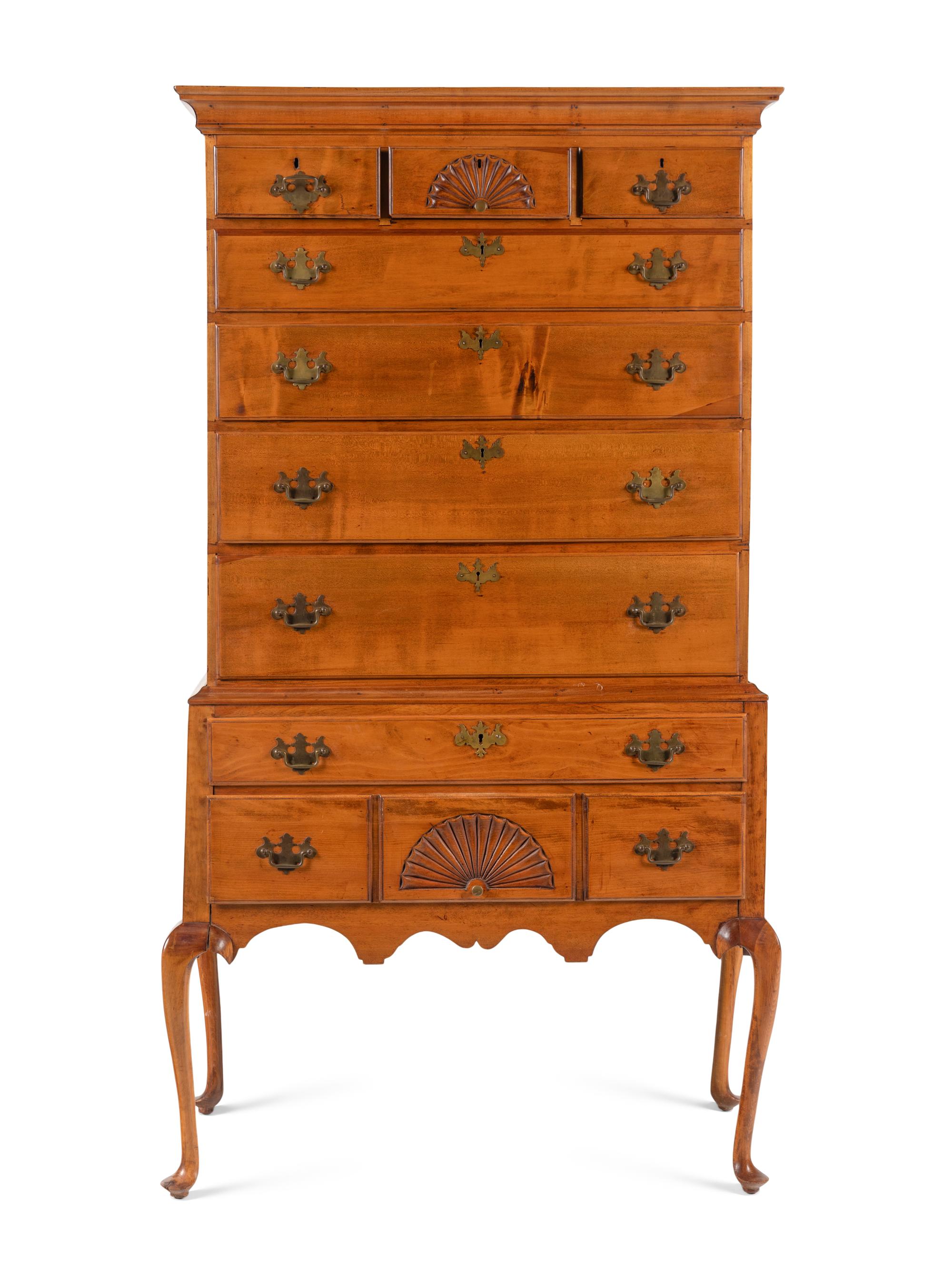 A Queen Anne Fan-Carved Cherrywood Flat-Top High Chest