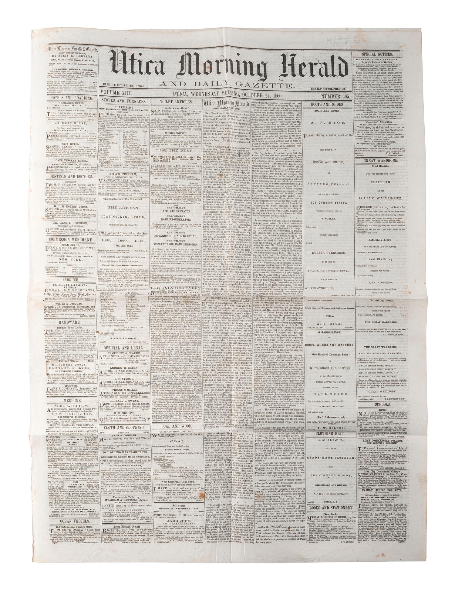 [LINCOLN, Abraham (1809-1865)]. Silk ribbon mourning the loss of Lincoln. [ With: ] Newspapers containing coverage of Lincoln's presidency.