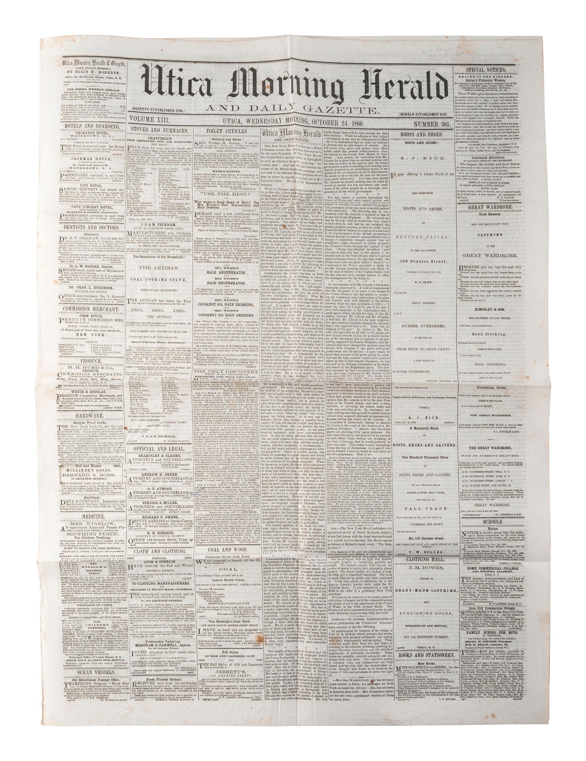 [LINCOLN, Abraham (1809-1865)]. Silk ribbon mourning the loss of Lincoln. [ With: ] Newspapers containing coverage of Lincoln's presidency.