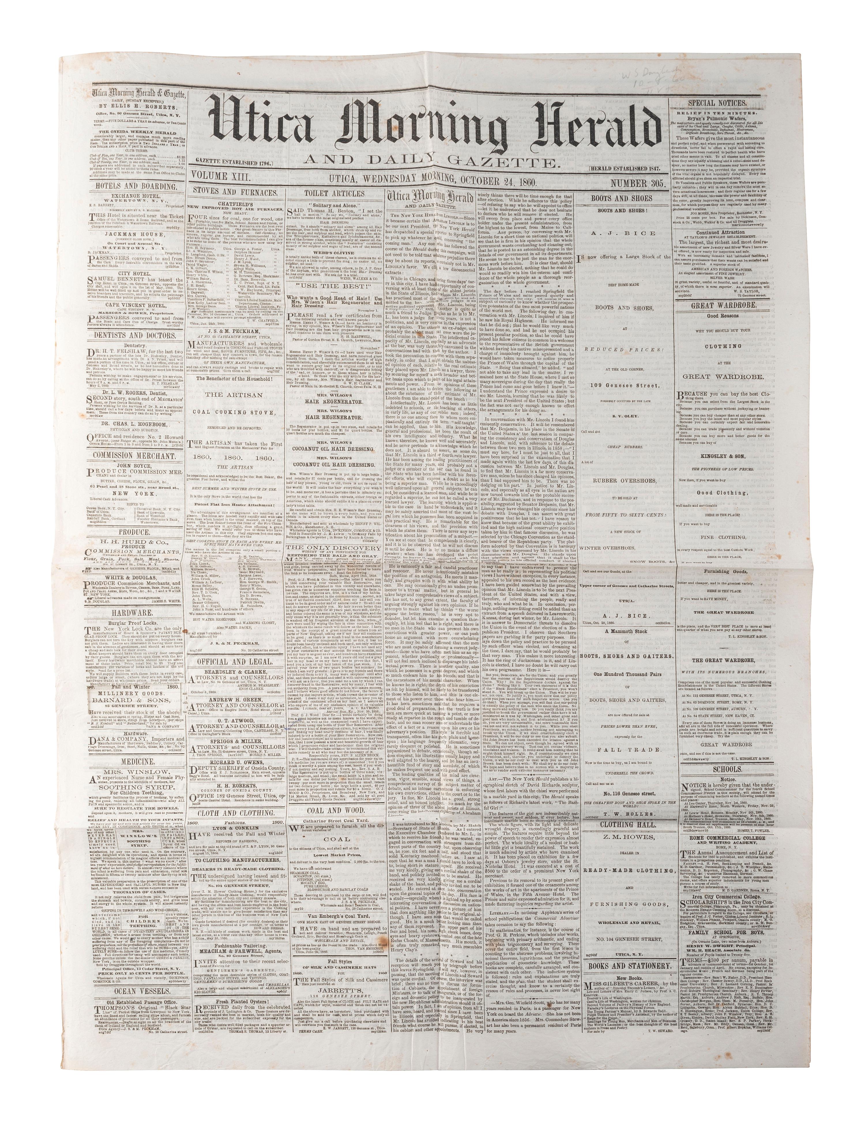 [LINCOLN, Abraham (1809-1865)]. Silk ribbon mourning the loss of Lincoln. [ With: ] Newspapers containing coverage of Lincoln's presidency.
