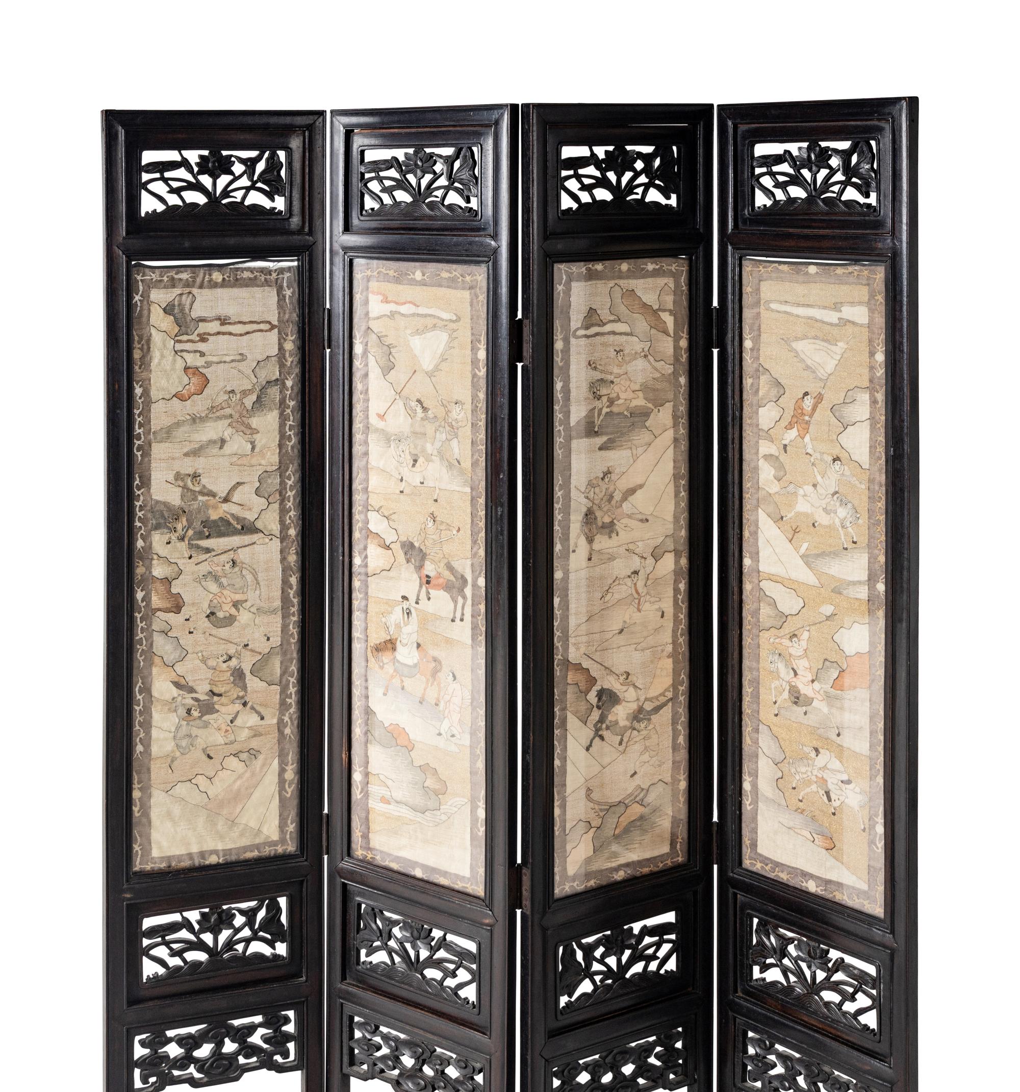 A Chinese Kesi Textile Inset Four-Panel Floor Screen, 19th Century 清晚期 紅木鑲緙絲人物故事圖四扇屏