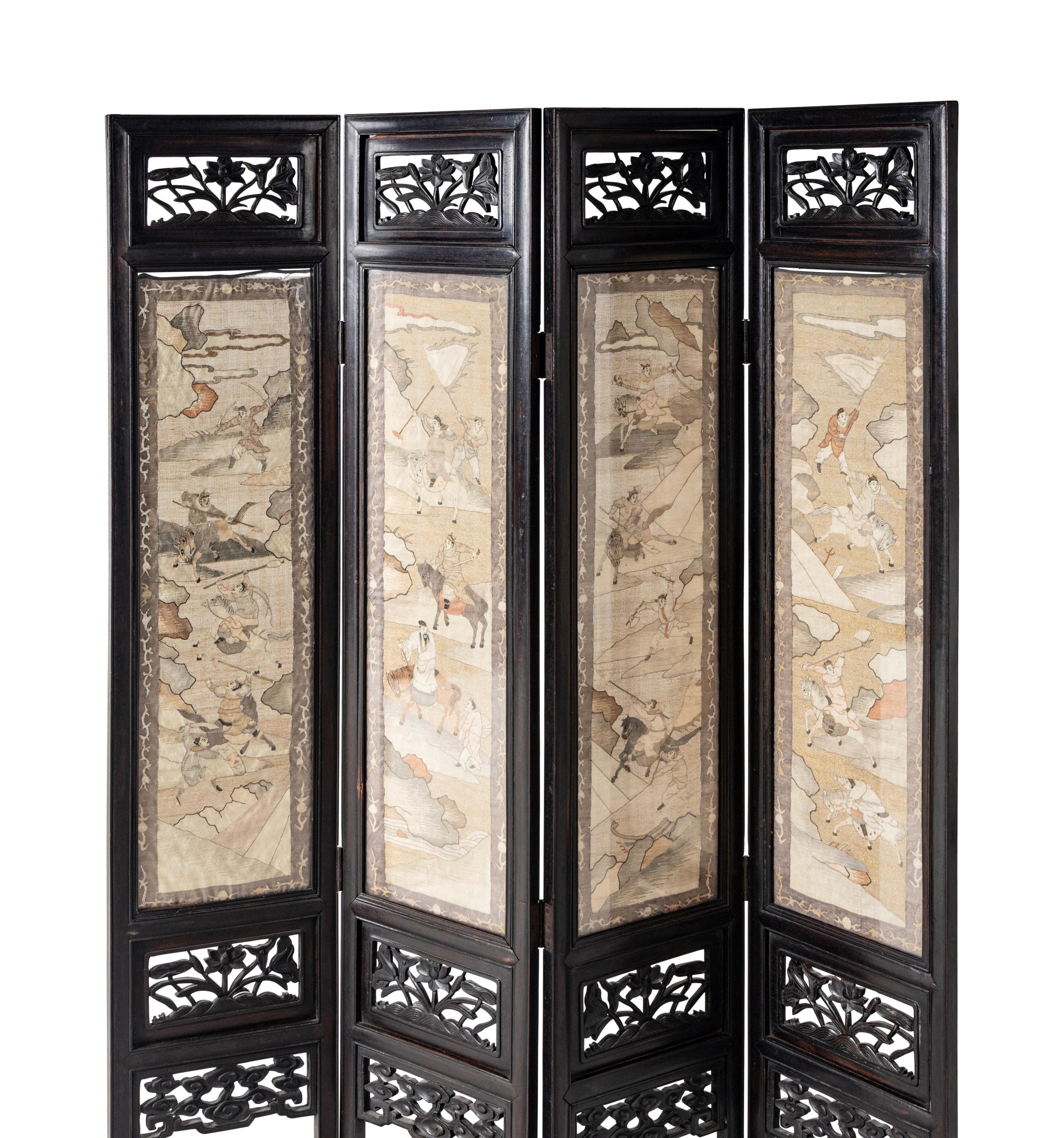 A Chinese Kesi Textile Inset Four-Panel Floor Screen, 19th Century 清晚期 紅木鑲緙絲人物故事圖四扇屏