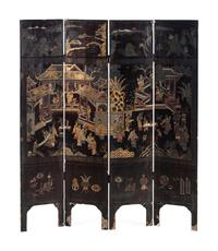A Chinese Exporrt Lacquer Four-Panel Floor Screen