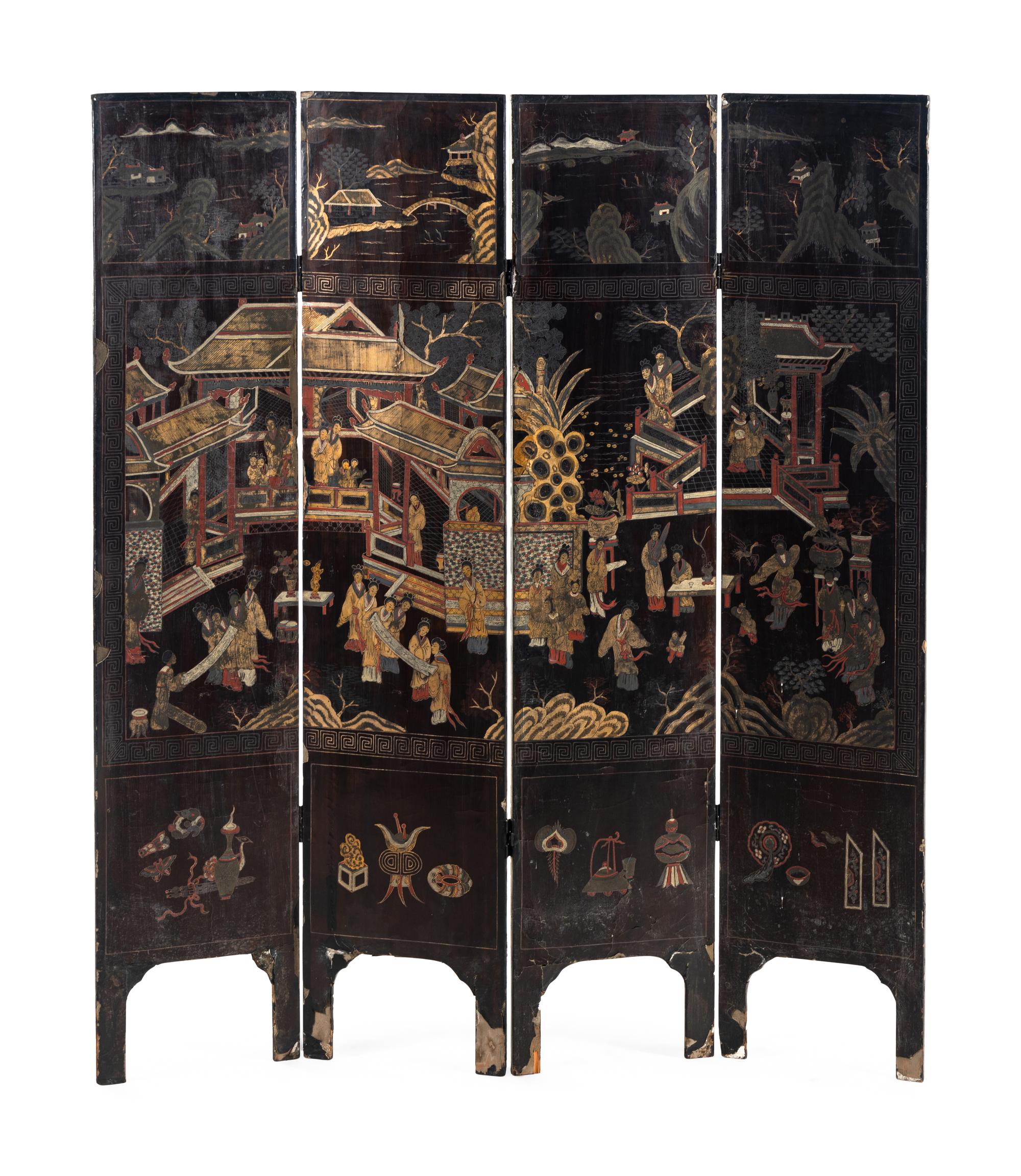 A Chinese Exporrt Lacquer Four-Panel Floor Screen