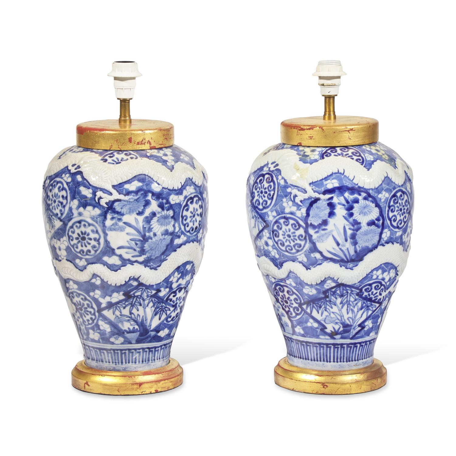 A Pair of Chinese Export Style Blue and White Porcelain Meiping-Form Vases, Now Mounted as Lamps