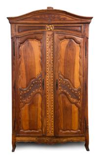 A French Provincial Inlaid Walnut and Fruitwood Armoire Height 100 x width 58 x depth 25 inches. — 18TH/19TH CENTURY