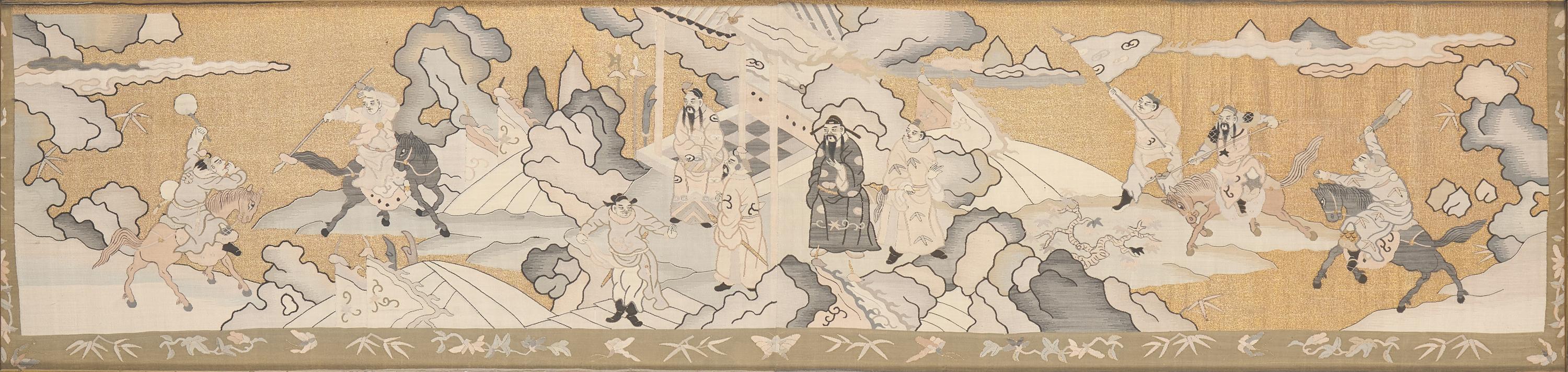 A Chinese Gold Ground Kesi Tapestry 'Warriors' Panel, Late 19th/Early 20th Century — 晚清/民國 緙絲刀馬圖鏡框一幅