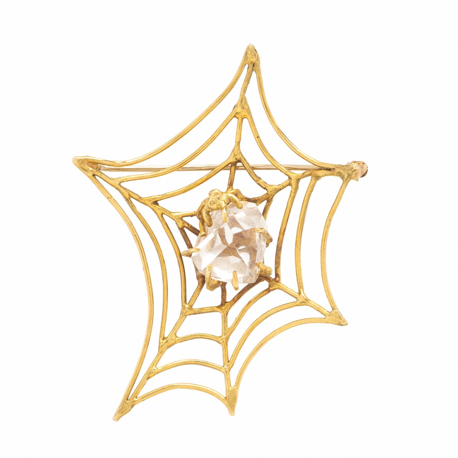 Quartz and Yellow Gold Spiderweb Brooch