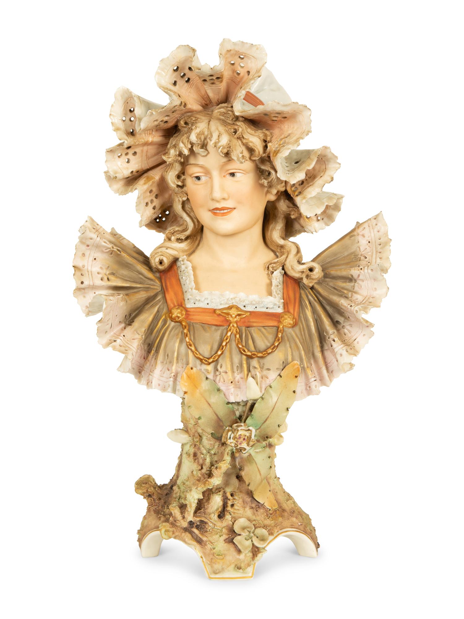 A Royal Dux Porcelain Bust of Woman in Lace Bonnet — Early 20th Century